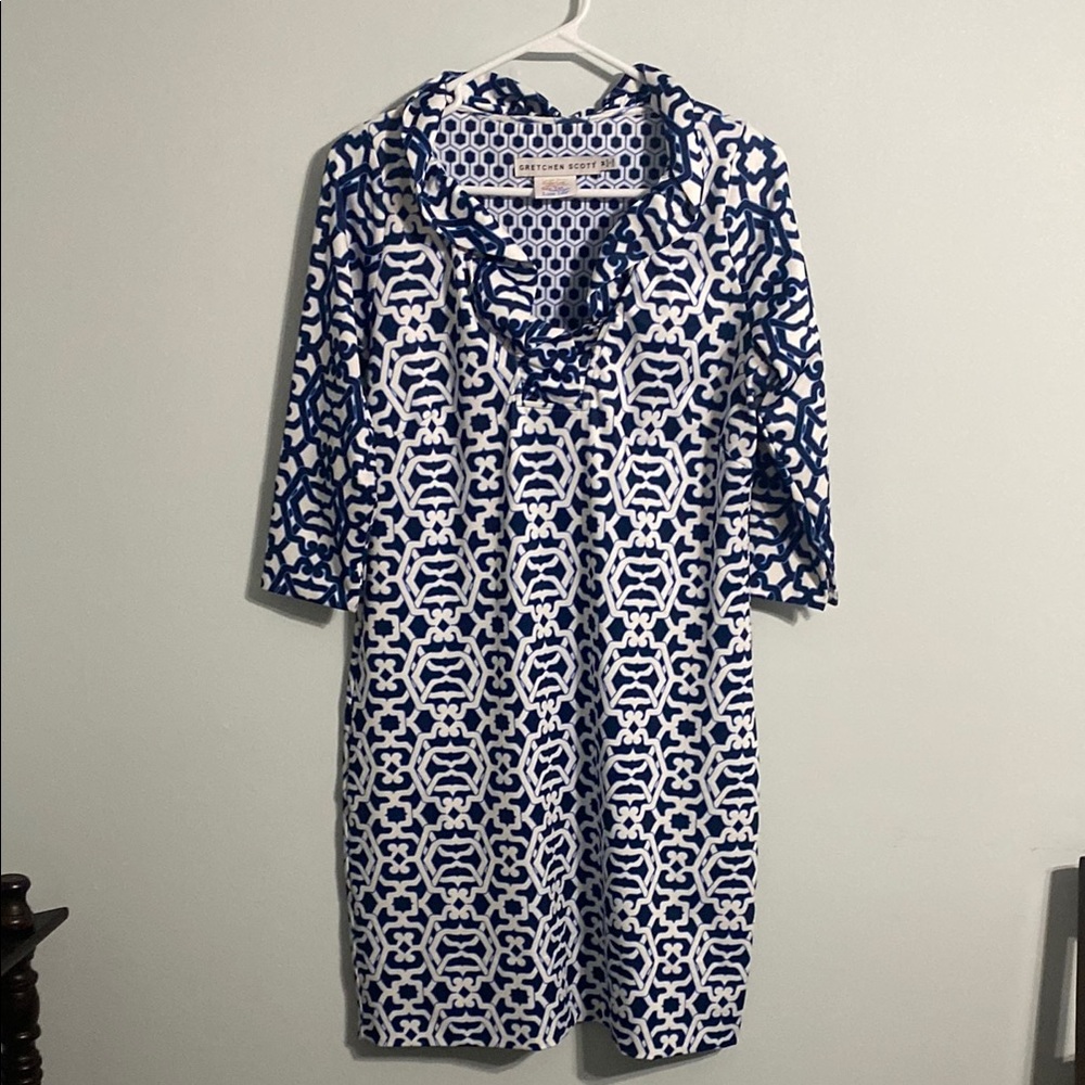 Gretchen Scott Designs Blue and White Sheath Dress with Cowl Neck